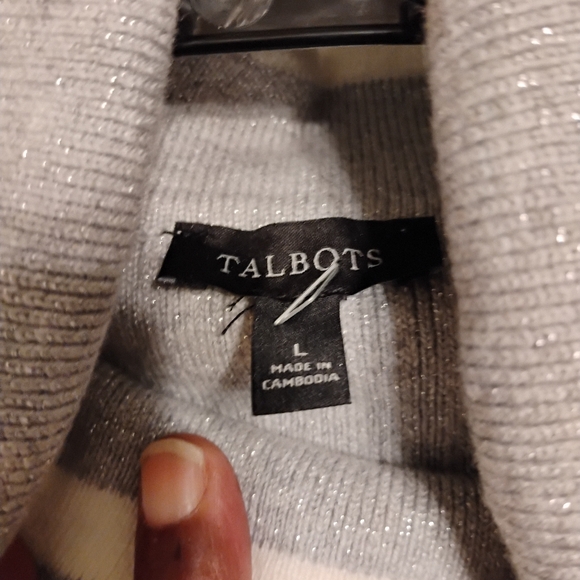 Talbots Ribbed Turtleneck Metallic Stripe Gray Sky Sweater Stretchy Size Large - Picture 8 of 8